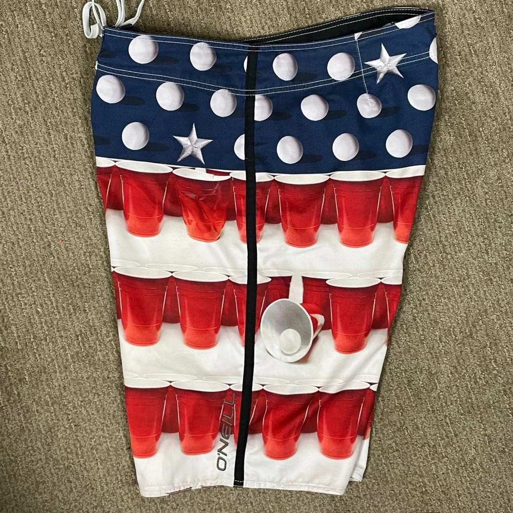O'Neill Board Shorts Mens 38 Red Blue Solo Cup Beer Pong‎ Flag Patriotic Frat
